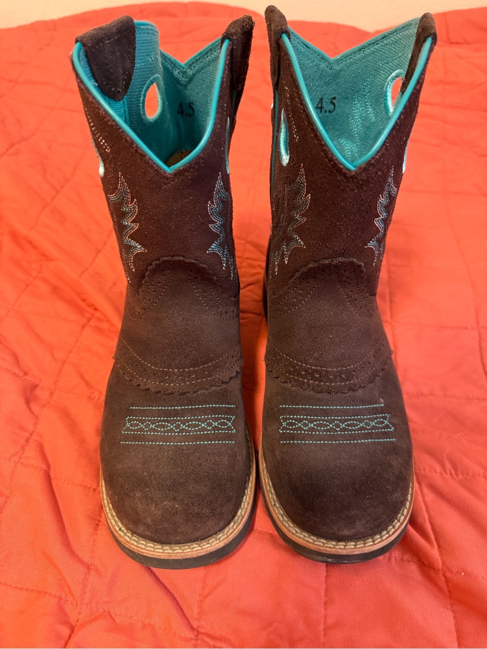 Ariat Brown Suede Kids Western Boots with Teal Interior